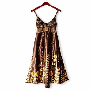 Vtg Wet Seal Satin Brown Yellow Tie-Back Babydoll Strappy Dress L Y2K Revival